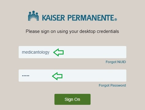 Login page to Kaiser Permanente